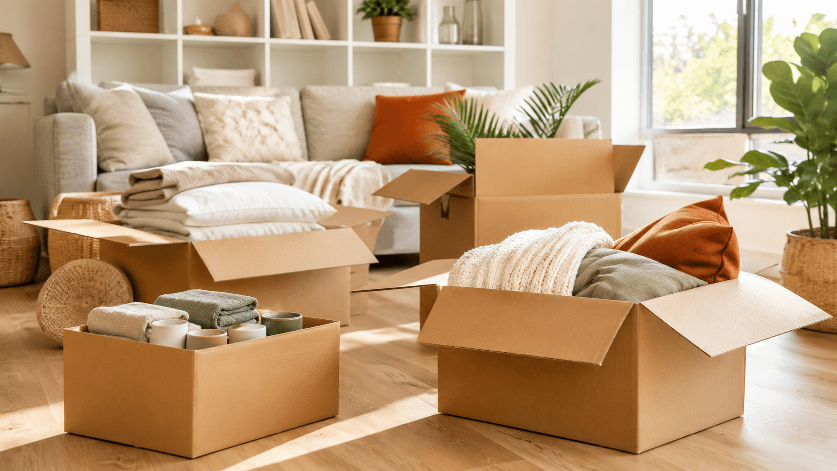 Moving-in day with open homeware kit boxes in a bright living room